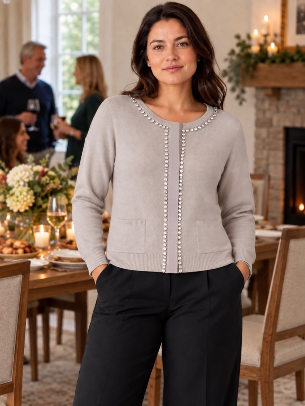 Sioni Rhinestone Trimmed Knit Cardigan